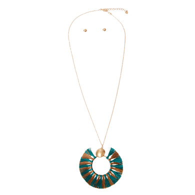 Teal and Tan Silk Tassel Necklace Set