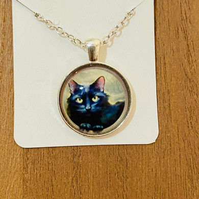 Black Cat Cabochon Silver Necklace