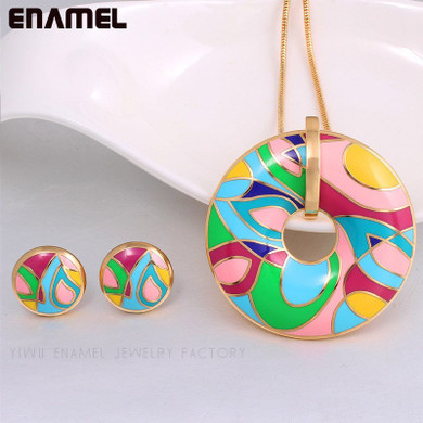 Pink & Earthy 18K Gold-Plated Enamel Circular Pendant Necklace + Earrings