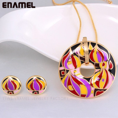 Fuschia 18K Gold-Plated Enamel Circular Pendant Necklace + Earrings