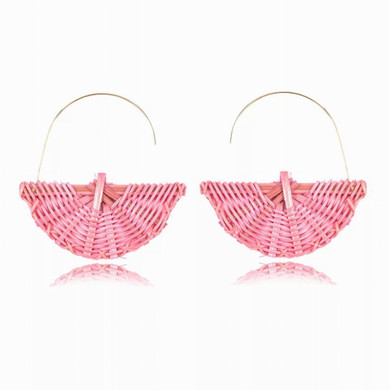 Green Fan Shape Woven Wicker Hoop Earrings