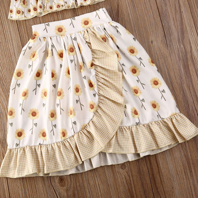 Sunflower Print Ruffle Top With Skirt Set