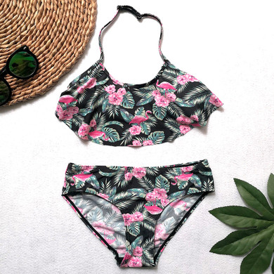 Pink Floral Flamingo Two-Piece Swimsuit
