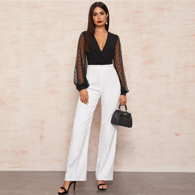 Plunging Neck Mesh Sleeve Wrap Bodysuit