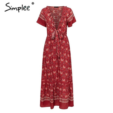 Simplee Sexy v neck ruffle long women dress Boho floral bow tie short sleeve maxi dresses Summer ethnic beach holiday vestidos