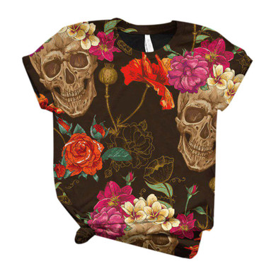T Shirt Women Plus Size Women Short Sleeve Skull Printed O-Neck