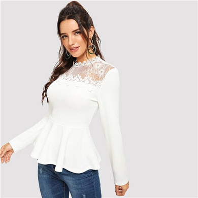 SHEIN White Stand Collar Long Sleeve Lace Mesh Insert Peplum Top Blouses Women 2018 Elegant Spring Fall Regular Fit Tops Blouse