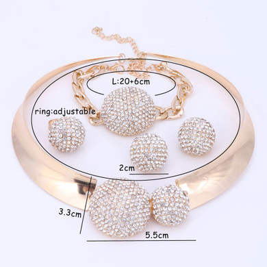 Nigerian Jewelry Set Gold Color Rhinestone Crystal Necklace Earring Bracelet Ring Set for Women Bridal Wedding Accessories