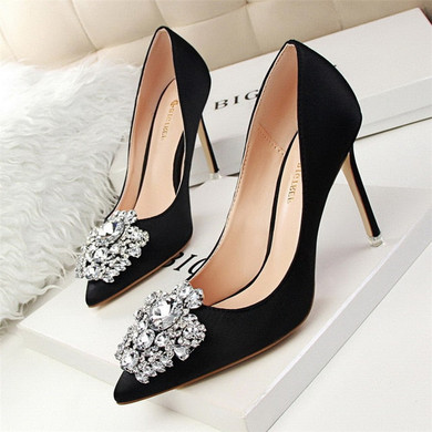 Silver Gray Black Women Bridal Wedding Shoes Faux Silk Satin Rhinestone Crystal Shallow Woman Pumps Stiletto High Heel