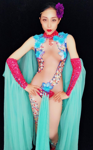 Big Flowers Rhinestones Stretch Nude Jumpsuit/Bodysuit Sexy Costume