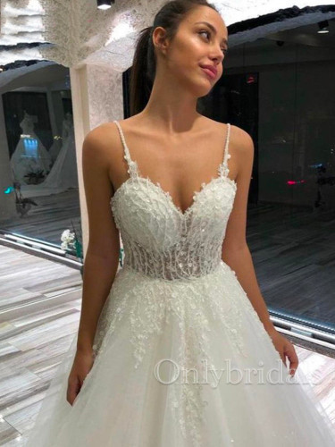 onlybridals Lace Appliques Glitter Tulle Sweetheart Summer Long Bridal Dress Spaghetti Straps Wedding Gowns Sexy Backless Wedding Dresses