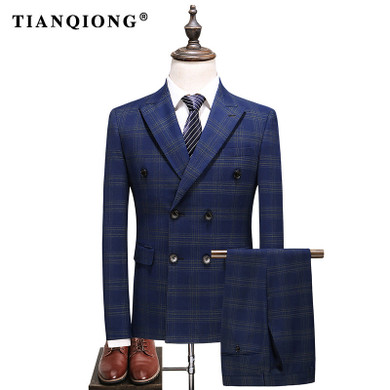 Mens Double Breasted Suit  Slim Fit Blue Plaid