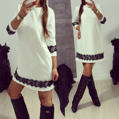 Hot Fashion Women Casual White Lace Dress Ladies Party Long Sleeves Dress Casual Round Collar Loose Mini Short Dress