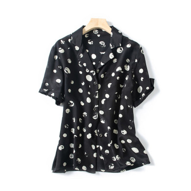Short Sleeves White Polka Dots Buttoned Silk Black Daytime Casual Shift Blouse