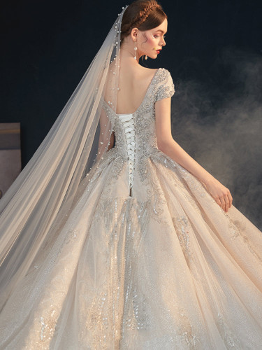 onlybridals Cap-Sleeve Deep-V-Neck Vintage Lace Wedding Dress With Flower And Sweep Train
