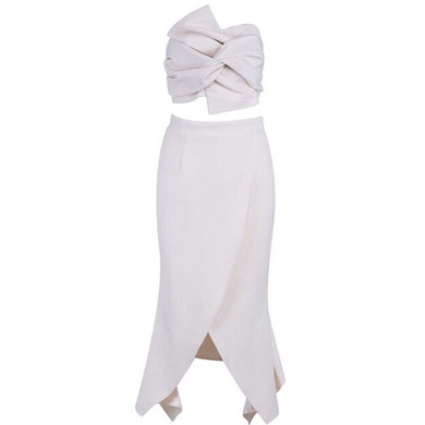 Women Elegant Strapless Cropped Tops & Split Skirt 2 Two Pieces Set  Dress