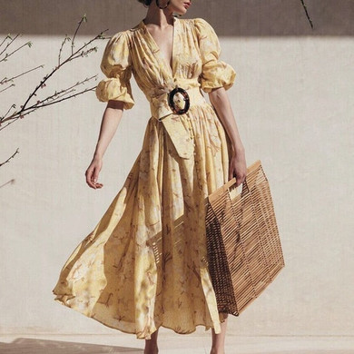 Women Casual Print V Neck Puff Sleeve High Waist Midi Dress