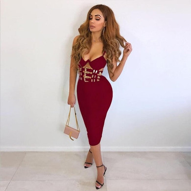 Women Elegant Black Bandage Sexy V Neck Bandage Bodycon Dress