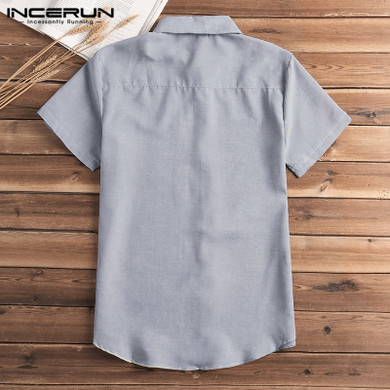 Short Sleeve  Lapel Neck Button Pockets Solid Male Shirt