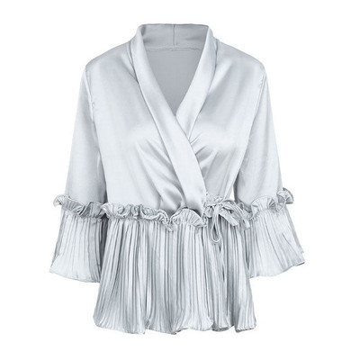 Women v neck ruffles peplum top Elegent folding  Satin flare longer sleevedd blouse shirt
