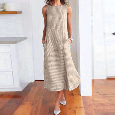 Casual Maxi Sleeveless Linen Long Summer Dress Striped Cotton Baggy