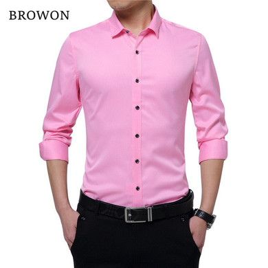 BROWON Brand Silky Formal Shirt Men Classic Business Long Sleeve Solid Color Embroidery Collar Slim Fit Shirt