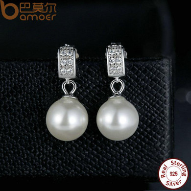 BAMOER Female Drop Earrings with Pearls 925 Sterling Silver Jewelry SCE006