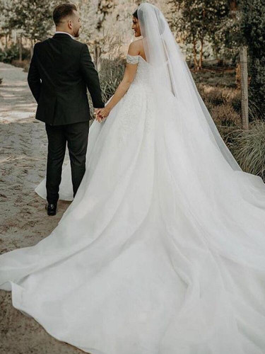 onlybridals White Organza Lace Beading V-Neck Floor-Length Ball gown Wedding dress