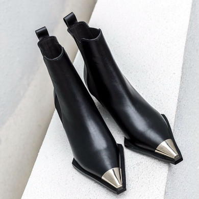 High Quality Black Luxury Leather Pointed Toe  Square heel Chelsea Boots