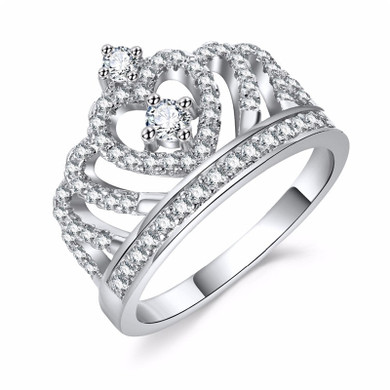 Fashion Silver Color Rings Crystal Heart Rings Women's Crown Zircon Ring