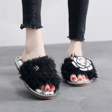 High Quality Luxury camellia flower fur shoes, slippers