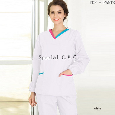 Women's Classic Uniforms V Neck Long Sleeve Scrub Top + Pants Spa Health Scrubs Workwear Clothes Winter Nurse Uniform