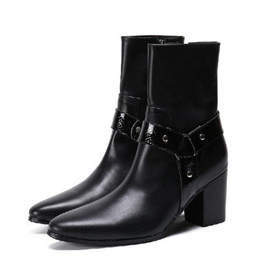 Fashion Luxury High Heels Men Boots Genuine Leather Ankle Boots Black Italian Business Dress Shoes Pointed Toe Cowboy Boots