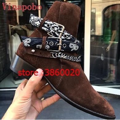 2019 Pointed Toe WInter Mens Metal Chain Buckle Strap Chelsea boots Suede leather Men Chelsea Boots Graffiti Ankle cowboy Boots