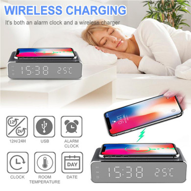 Electric LED Alarm Clock With Phone Wireless Charger Desktop Digital Thermometer HD Mirror Clock