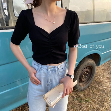 Summer Women Knitted T Shirt Fashion Square Collar Puff Short Sleeve Slim Short Tees