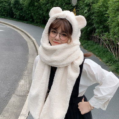 Bear Ear Beanie Hat Female Autumn Winter Warm Ear Neck Protection Thickened Cap