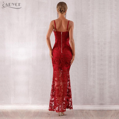 Women Bandage Dress Arrivals Red Lace Spaghetti Strap V Neck Maxi Club Dress
