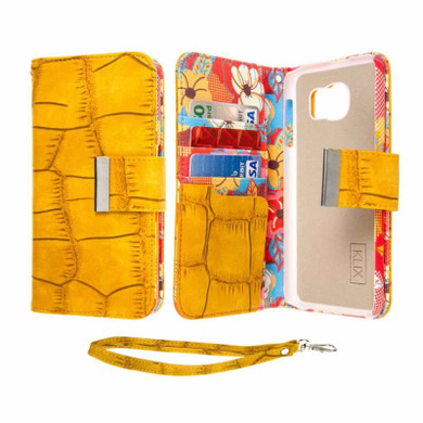 EMPIRE KLIX KLUTCH Vintage Flower Pop Mobile Phone Wallet Case with Card Slots and Wrist Strap, Yellow for Samsung Galaxy S6