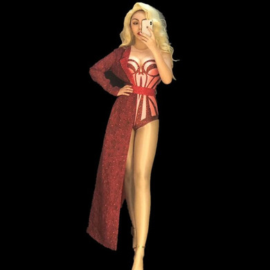 Red Rhinestones Bodysuit+ Long Coat Women Elastic Skinny Dancer Jumpsuits Club Celebration Party Outfits Singer Performance Wear