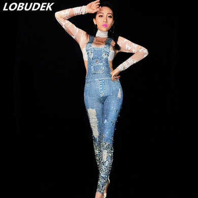 High Elastic Rhinestones Jeans Jumpsuit Fashion Skinny Denim Bodysuit Party Birthday Celebration Women Singer Host Stage Costume