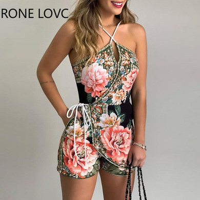 Women  Halter Floral Print Casual Romper  Summer Sexy Romper