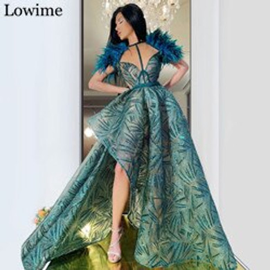2020 Newest Dubai Celebrity Dress Asymmetric Turkish Prom Dress Party Arabic Feathers Evening Dress Long robe de soiree Vestidos