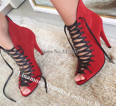 Linamong Women Elegant Open Toe Suede Leather Stiletto Heel Short Gladiator Boots Lace-up Rose Red High Heel Ankle Booties Heels