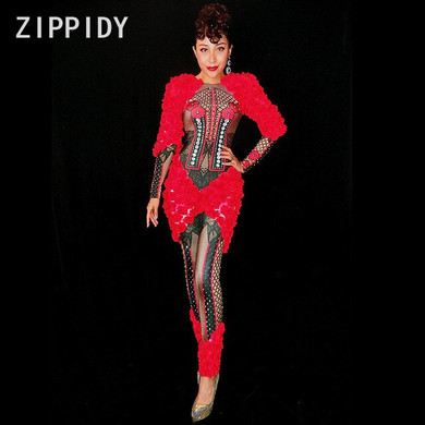 New Red Flowers Rhinestones Spandex Jumpsuit Sexy Appliques Women's Birthday Celebrate One Piece Costume Nightclub Dance Outfit