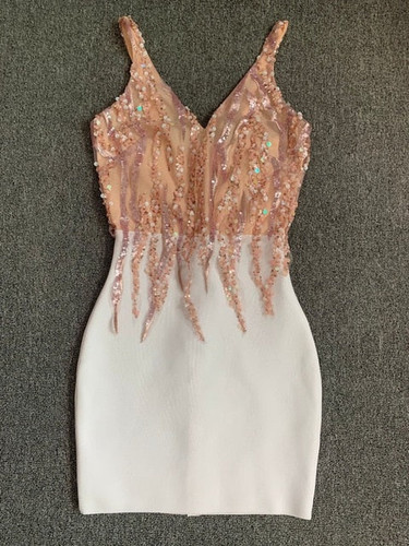 High Quality Pink White V-neck Bodycon Rayon Bandage Dress Elegant Evening Party Dress Vestidos