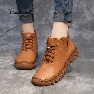Ankle Boots With Fur Retro Boots Shoes Women Fashion  Slip-on Soft Leather  Warm Boots Ladies
