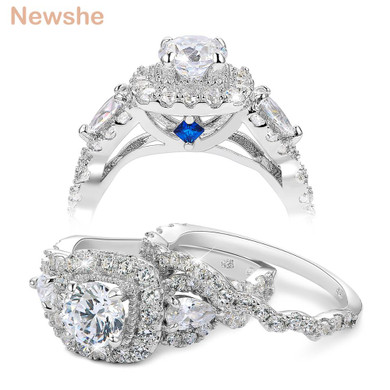 Newshe 2 Pcs Halo 925 Sterling Silver Rings For Women 1.5 Ct Round Pear Cut AAA CZ Classic Jewelry Engagement Ring Set