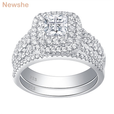 Newshe 925 Sterling Silver Ring Set For Women Elegant Jewelry Princess Cross Cut Cubic Zirconia Engagement Rings