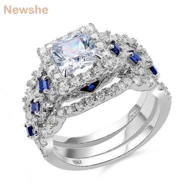 Newshe Wedding Ring Sets Classic Jewelry 3 Pcs 925 Sterling Silver 2.6Ct White Blue AAA CZ Engagement Rings For Women JR4972